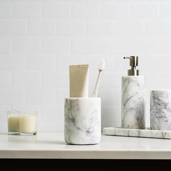 Cork & Mill Marble Bathroom Accessories Set, Complete 3 Piece Set with Soap Dispenser, Toothbrush Holder & Canister with Lid for Qtips, White Marble Bath Countertop Vanity Decor Organizer - ModernBath