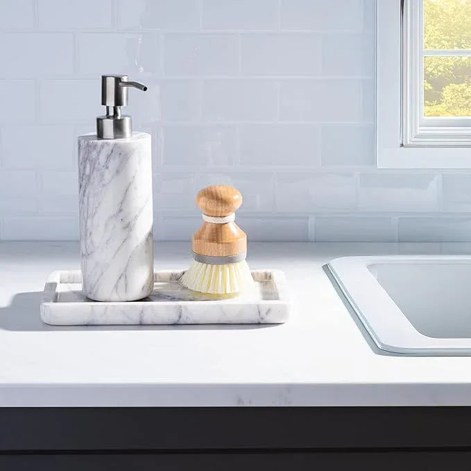 Cork & Mill Marble Soap Dispenser for Bathroom Countertop or Kitchen Sink, Real Natural White Stone with Stainless Steel Pump Top, Ideal for Lotion, Liquid Dish or Hand Soap, Modern Bath Accessories - ModernBath