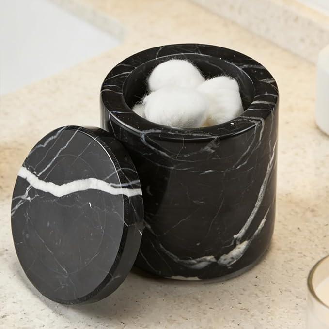 Black Marble Canister, Natural Otip Holder Dispenser with Lid, 3 x 3.5 Inch Cylinder Canister, High Capacity Bathroom Qtip Holder Storage for Cotton Swab, Floss Picks, Makeup Pad (Small) - ModernBath