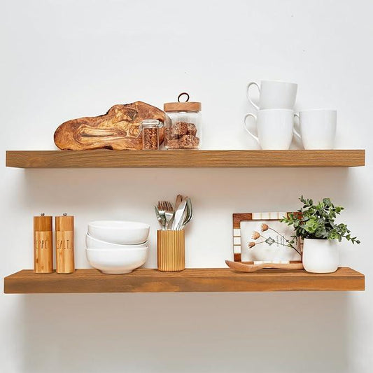 Homeforia 36 inch Golden Oak Floating Shelf, High End Solid Real Wood 36inch Small Floating Shelves for Wall Mounted, Oak Wooden 36in Floating Shelves, Heavy Duty Bracket, 36 X 6.5 X 1.75 in, Set of 2 - ModernBath
