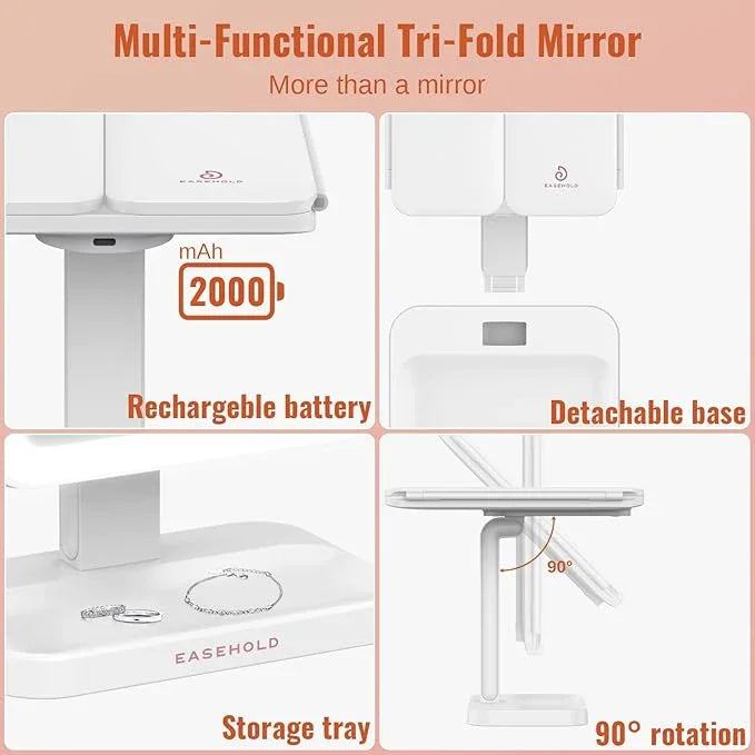 EASEHOLD Lighted Makeup Mirror with 3X Magnification, 3 Color Lights & Touch Sensor - Rechargeable Trifold Vanity Mirror for Travel, Desk, Home Use - ModernBath