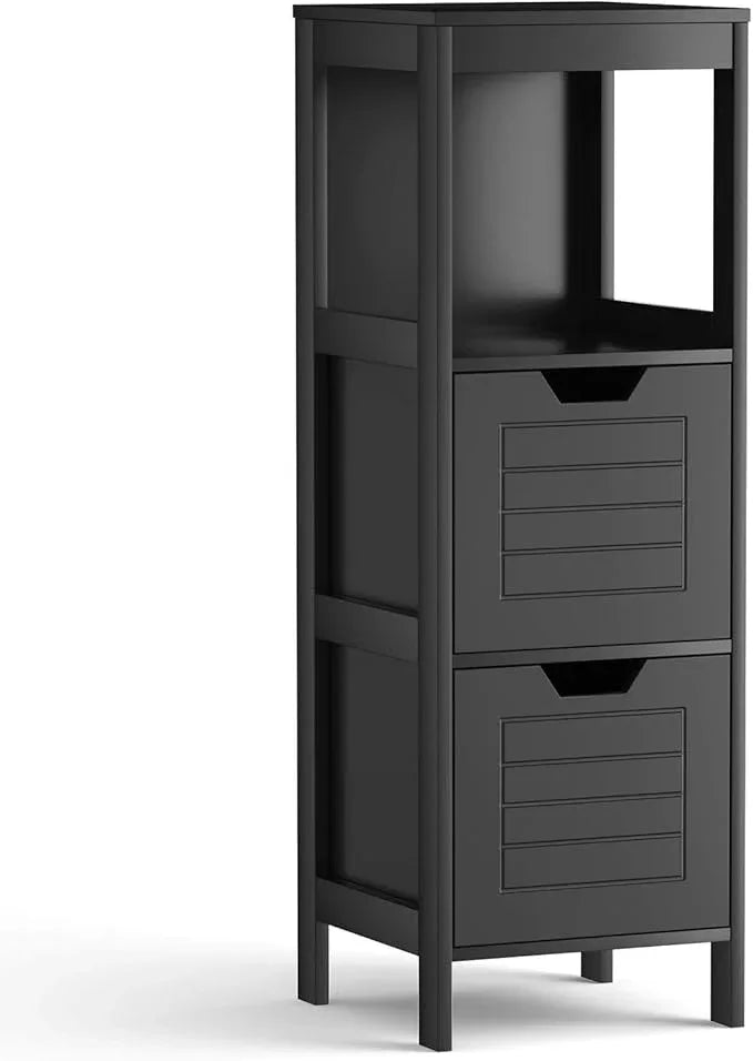 Tangkula Bathroom Floor Cabinet, Narrow Wood Storage Tower w/2 Switchable Drawers, Multifunctional Side Storage for Bathroom, Freestanding Small Cabinet for Small Spaces, 12 x 12 35 Inch (Black) - ModernBath