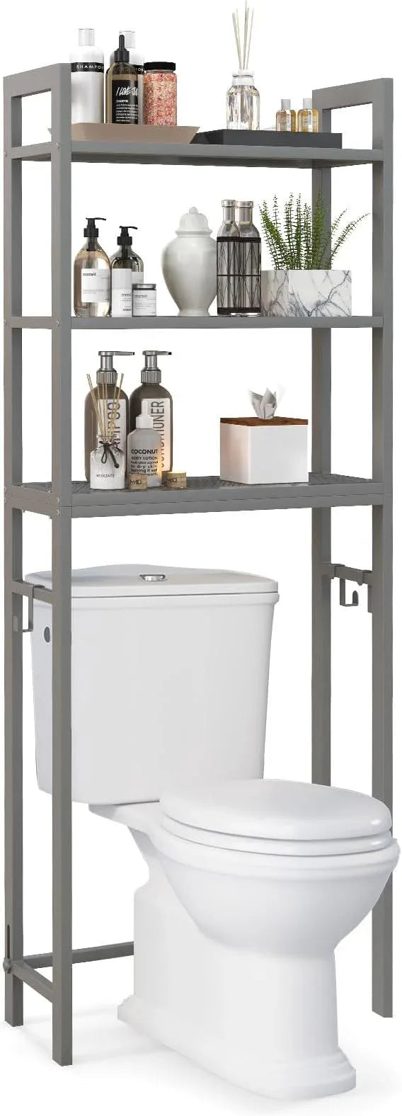 Giantex Over The Toilet Storage Rack, 3-Tier Metal Bathroom Organizer with 3 Hooks, Adjustable Bottom Bar, Anti-Tippling Devices, Freestanding Toilet Space-Saver for Bathroom, Laundry (Gray) - ModernBath