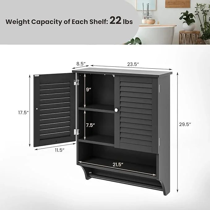 Tangkula Wall Mounted Bathroom Cabinet with Open Shelf & Bar, Medicine Cabinet with Double Louvered Doors, Wall Storage Cabinet with Adjustable Shelf, for Bathroom Living Room Kitchen (Black) - ModernBath