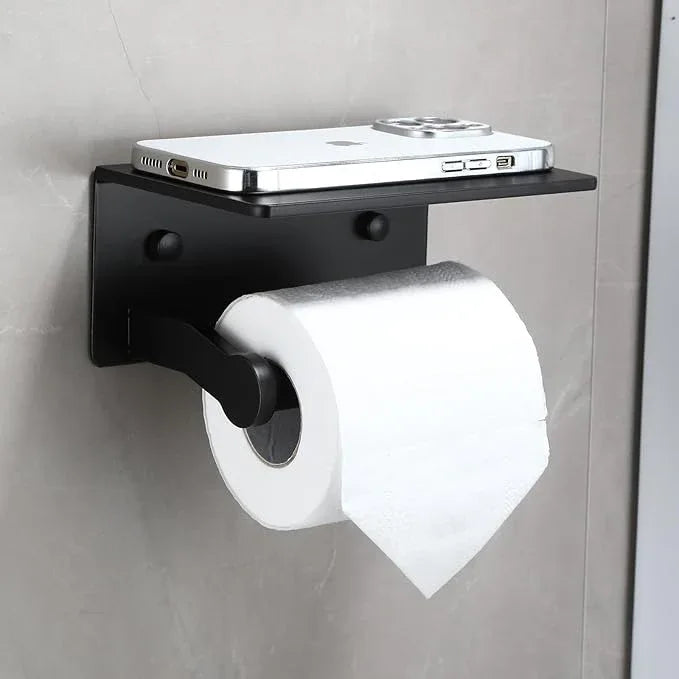 Toilet Paper Holder with Cell PhoneShelf - Toilet Tissue Holder with Wipes Storage, Wall Mounted by Adhesive Tape or Screw - Matte Black - ModernBath