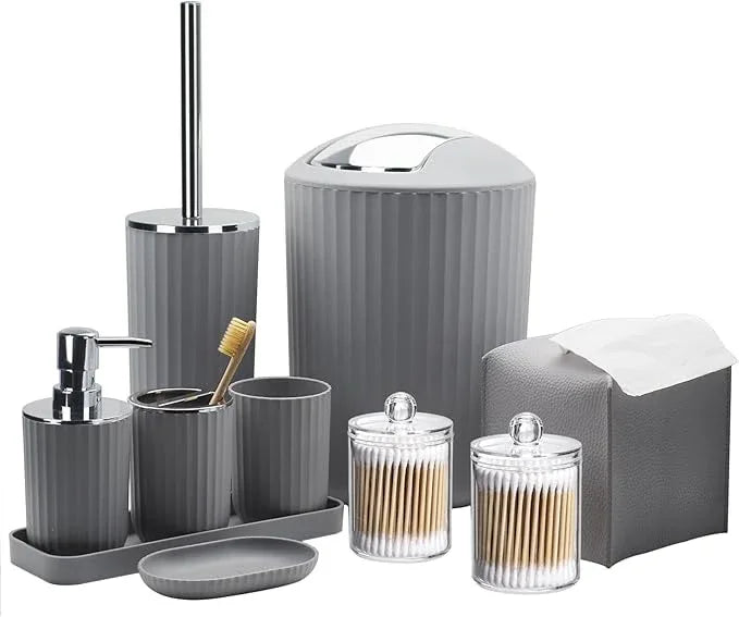 Bathroom Accessory Set - 10 Piece Grey Bathroom Accessories Set with Trash Can, Toothbrush Holder and Cup, Soap Dispenser, Soap Dish, Toilet Brush Holder, Vanity Tray, Qtip Holder, Tissue Box Cover - ModernBath
