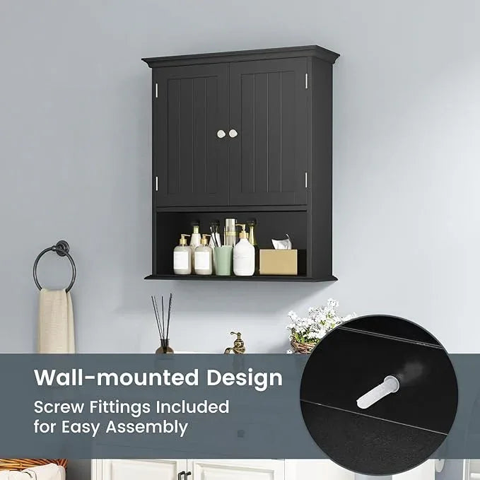 Tangkula Bathroom Wall Cabinet, Wooden Hanging Storage Cabinet with Doors & Shelves, Multipurpose Storage Cabinet for Restroom Kitchen Living Room, Wall Mounted Bathroom Medicine Cabinet (Black) - ModernBath