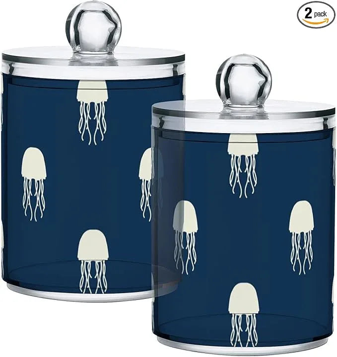 Qtip Holder Bathroom Set Q tip Cotton Ball Swab Pad Dispenser Container Organizer Plastic Jars with Lids Storage 2Pack Watercolor Sea Octopus Beige - ModernBath