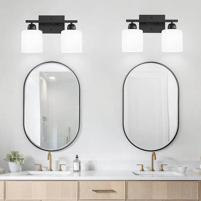 2 Light Black Bathroom Light Fixture, Modern Bathroom Lights with Milky White Frosted Glass Shades for Mirror Living Room Bedroom Hallway E26 Base - ModernBath