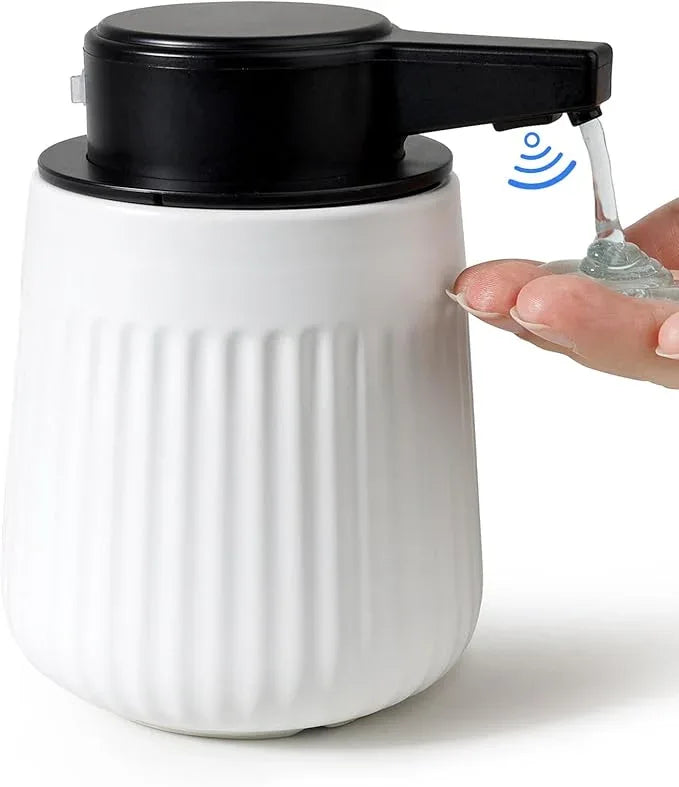 BosilunLife Ceramic Automatic Soap Dispenser with Extended Pump Nozzle, 3 Adjustable Levels, Touchless Lotion Liquid Hand Wash Dispenser for Bathroom & Kitchen, Striped Design, White, 10oz - ModernBath