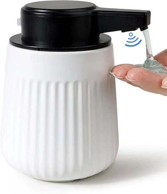 BosilunLife Ceramic Automatic Soap Dispenser with Extended Pump Nozzle, 3 Adjustable Levels, Touchless Lotion Liquid Hand Wash Dispenser for Bathroom & Kitchen, Striped Design, White, 10oz - ModernBath