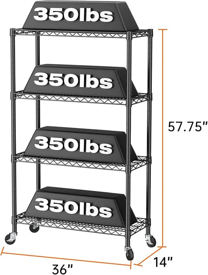 SINGAYE 4 Tier Adjustable Storage Shelf with Wheels Heavy Duty Shelving Unit Rack Shelves Wire for Garage Office Pantry Kitchen 14" Dx36 Wx58 H 1400LBS Black - ModernBath