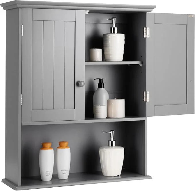 COSTWAY Wall Mounted Bathroom Cabinet, Over The Toilet Storage Cabinet w/Double Doors & Adjustable Shelf, Wood Hanging Medicine Cabinet for Living Room, Entryway, Kitchen (Gray) - ModernBath