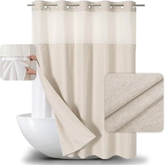 eachope No Hooks Needed Linen Textured Shower Curtain with Snap-in Fabric Liner Set,Cream Hotel Luxury Decor Shower Curtains for Bathroom,Waterproof & Washable,71Wx77H - ModernBath