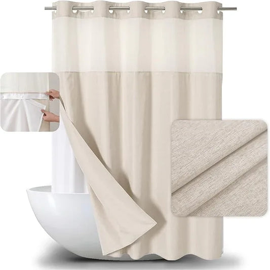 eachope No Hooks Needed Linen Textured Shower Curtain with Snap-in Fabric Liner Set,Cream Hotel Luxury Decor Shower Curtains for Bathroom,Waterproof & Washable,71Wx77H - ModernBath