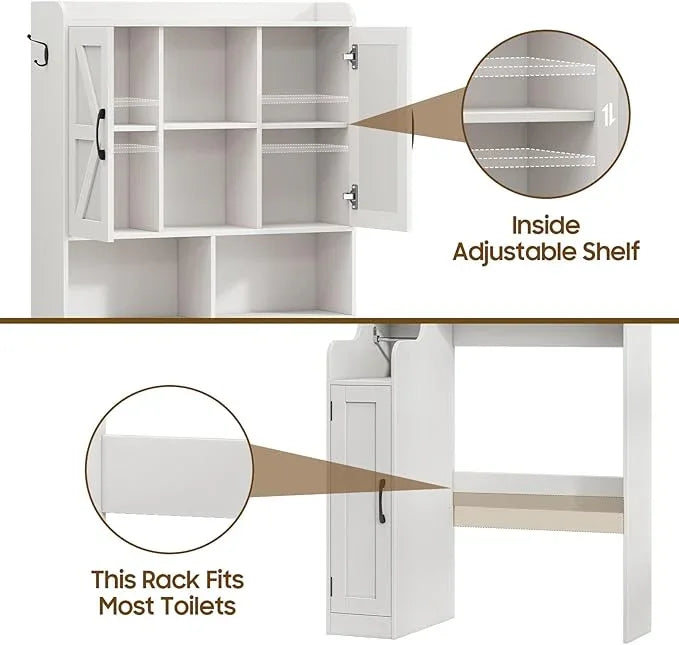 Over The Toilet Storage Cabinet, Bathroom Over Toilet Storage Organizer with Barn Doors and Paper Holder Stand Farmhouse Space Saving Rack Cabinet with Adjustable Shelves for Bathroom, Laundry (White) - ModernBath