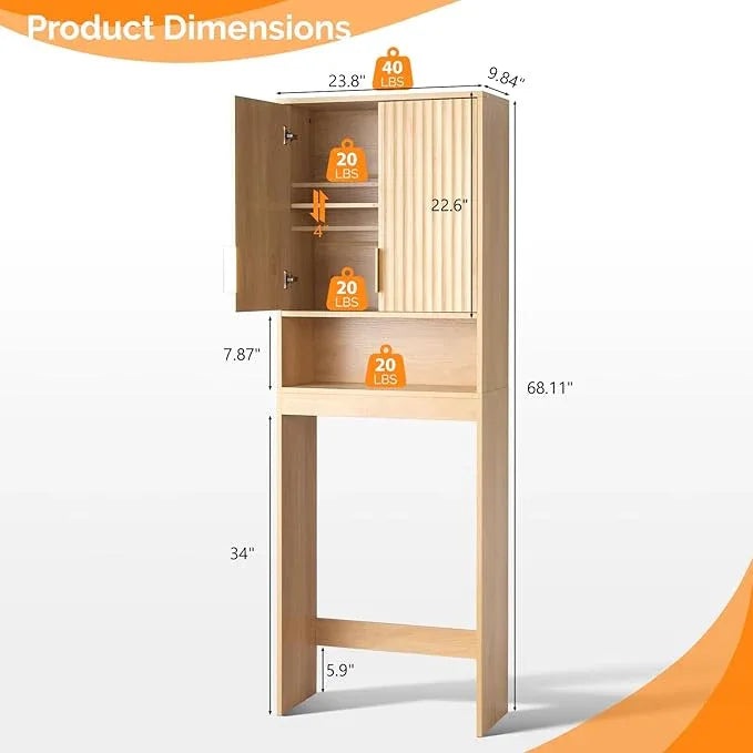 VINGLI Over The Toilet Storage Cabinet with Fluted Doors, Mid Century Modern Bathroom Organizer Over Toilet, Freestanding Wooden Space Saver Stand with Adjustable Shelves, Natural Oak - ModernBath