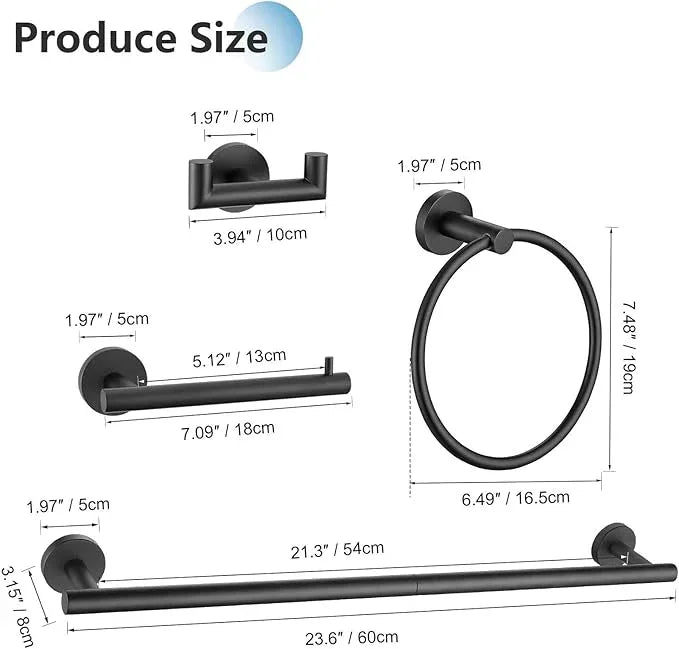 TNOMS 5 Pieces Towel Bar Set Matte Black Bathroom Hardware Accessories Set Stainless Steel Towel Racks Set for Bathroom,Wall Mounted 23.6 Inch Bathroom Hardware Set - ModernBath