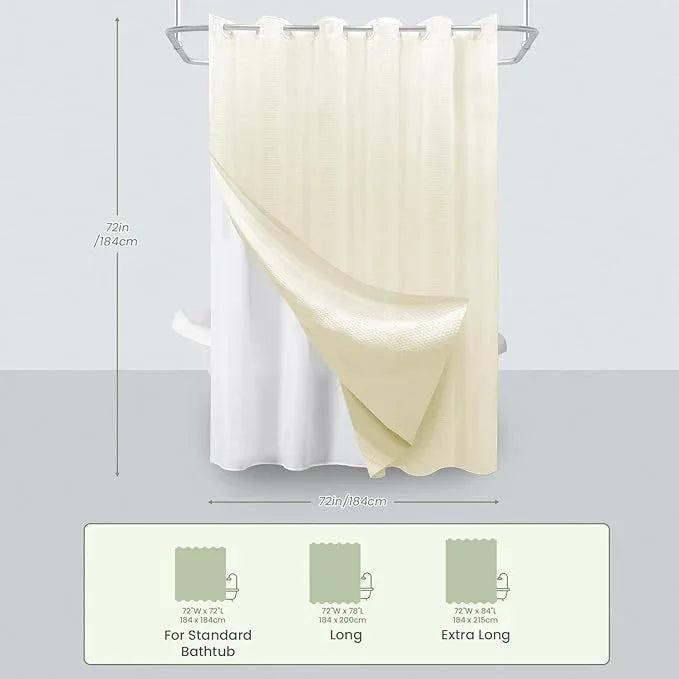 Inhousolu No Hook Waffle Weave Shower Curtain with Removable Snap in Fabric Liner Set for Bathroom, 230 GSM Heavy Duty Weighted Hem, Water Repellent Washable Bath Curtains, 72 x 72 Inch, Ivory - ModernBath
