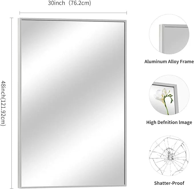 COFENY Silver Bathroom Mirror for Wall, 30x48 Inch Rectangle Mirrors with Metal Frame, Modern Vanity Wall Mirror Decor for Bathroom Living Room, Entryway Hangs Horizontal or Vertical - ModernBath
