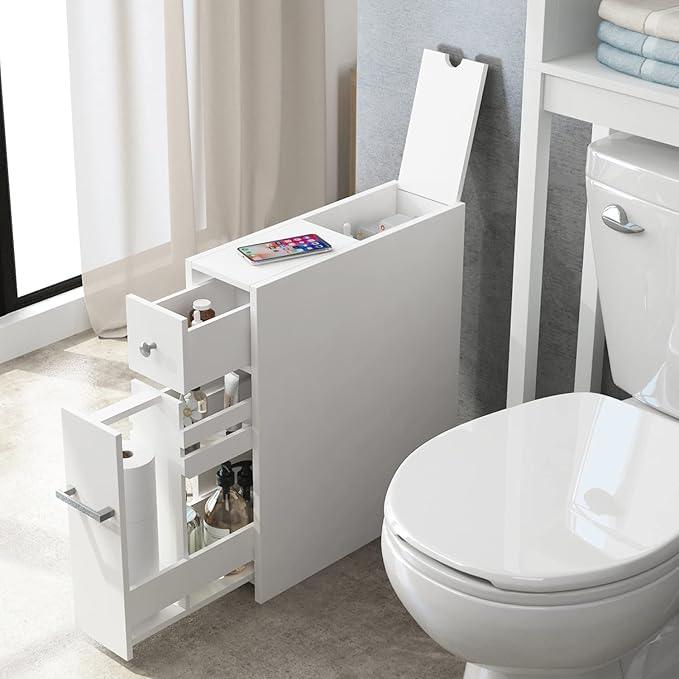 Spirich Slim Bathroom Storage Cabinet, Free Standing Toilet Paper Holder, Bathroom Cabinet Slide Out Drawer Storage, White - ModernBath