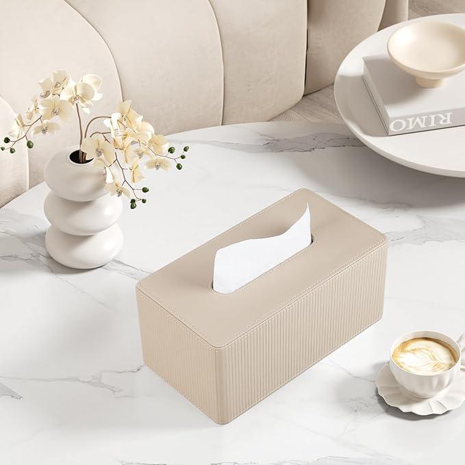 Cretkhp PU Leather Tissue Box Cover Rectangle with Magnetic Closure, Modern Tissue Box Holder for Bathroom NightStands Livingroom, Decorative Tissue Holder for 120(3-Ply)/160(2-Ply) Tissue Box (Beige) - ModernBath