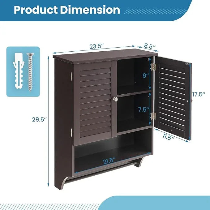 Giantex Wall Mounted Bathroom Cabinet with 2 Louvered Doors, 3-Position Adjustable Shelf, Towel Bar, Over The Toilet Space Saver, Above Toilet Hanging Medicine Cabinet (Espresso) - ModernBath