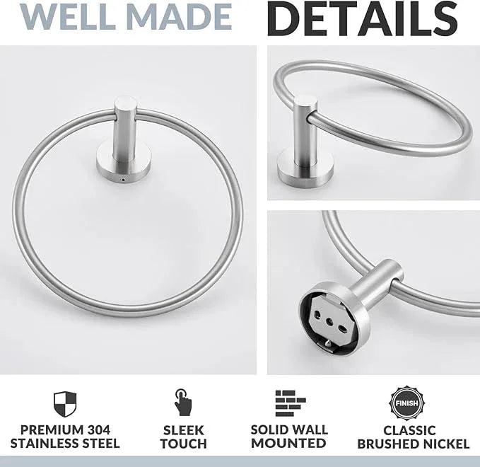 APLusee Bathroom Towel Ring Brushed Nickel, 304 Stainless Steel Hand Towel Holder for Bathroom Kitchen, Single Round Swivel Hanger, Wall Mounted - ModernBath