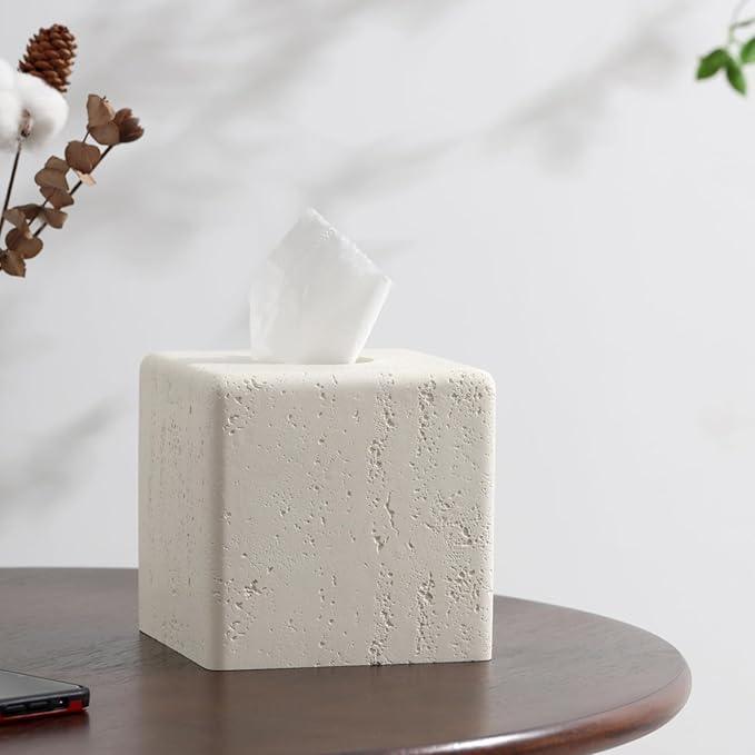 Haocoott Tissue Box Cover Square, Resin Facial Tissue Holder Covers Toilet Paper Holder Decorative Travertine Paper Dispenser Home Decor for Bathroom Bedroom Living Room Office (Off White) - ModernBath