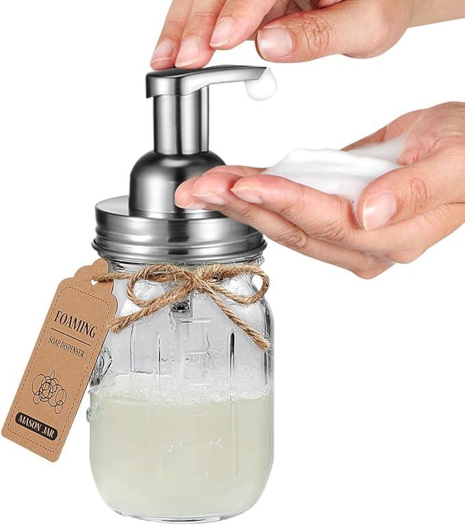 Amolliar Mason Jar Bathroom Accessories Set(4 Pack) - Foaming Soap Dispenser&Qtip Holder &Toothbrush Holder-Rustic Farmhouse Decor Bathroom Organizer Apothecary Jar Country Countertop (Brushed Nickel) - ModernBath