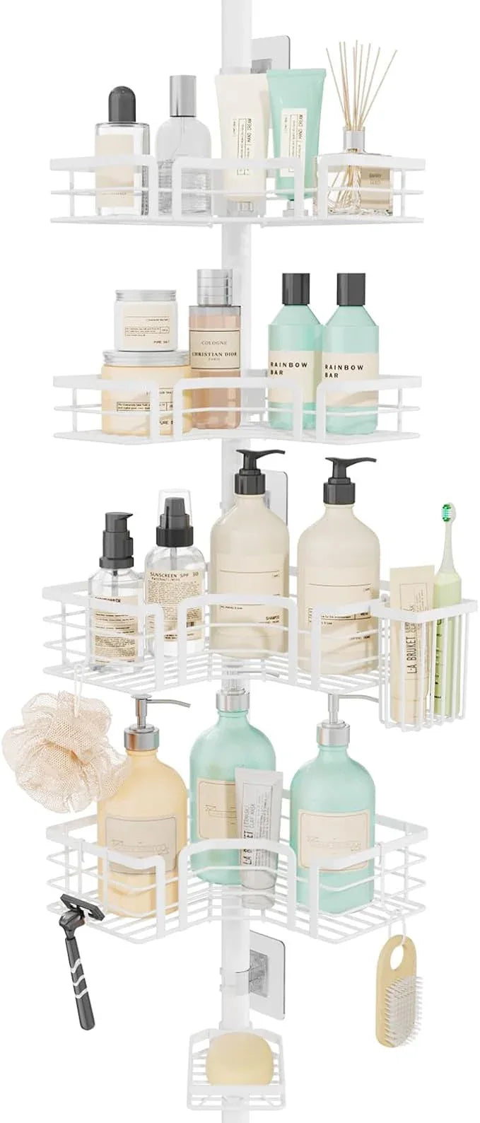 SWTYMIKI Shower Caddy Tension Pole - 4-Tier Corner Shower Organizer Tension Rod with Soap Holder, Toothbrush Holder & 4 Hooks, Adjustable Stainless Steel Bathroom Organizer 27.6 to 108.3 inch, White - ModernBath