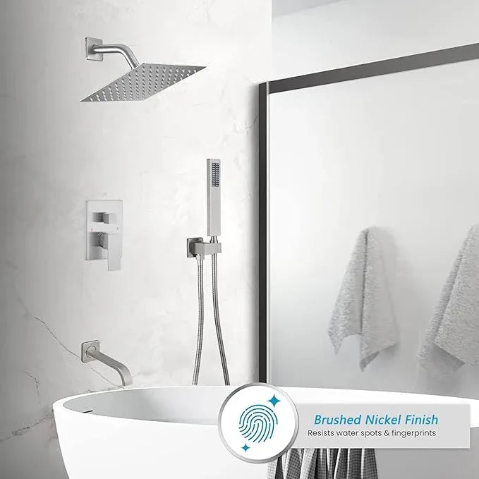 Heable Brushed Nickel Shower System Bathroom Shower Faucet Set with Tub Spout Wall Mounted 8 Inch Shower Head and Handle Set with Handheld 3 Function Tub and Shower Trim Kit with Valve - ModernBath