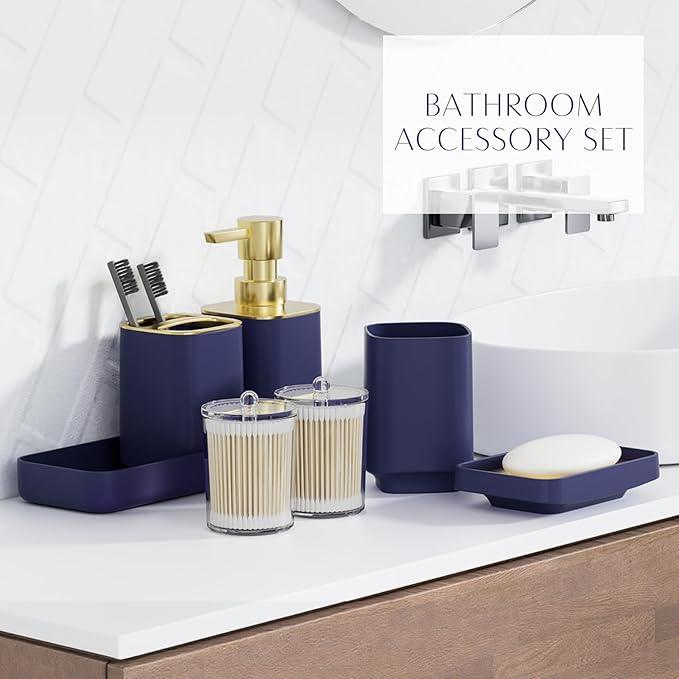 9PCS Bathroom Accessory Set, Navy Blue Bathroom Set with Large-Capacity 4 Gallon Trash Can, Bathroom Accessories Set Complete Toothbrush Holder, Soap Dispenser, Toilet Brush, Bathroom Decor - ModernBath