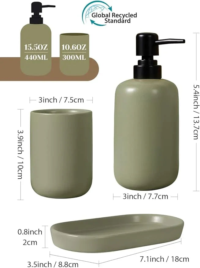 INGOFIN 3 Pcs Ceramic Bathroom Accessory Set - Liquid Soap Dispenser, Toothbrush Holder & Tray, Bathroom Counter Set, Countertop Essentials for Home, Guest Bathroom, or Office Use, Dark Green - ModernBath