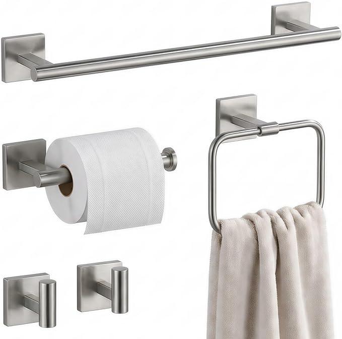 16" Brushed Nickel Bathroom Hardware Set 5-Piece, Fingerprint-Free SUS304 Stainless Steel Towel Bar for Small Bath & RV, Modern Square Bath Accessories Kit (Brushed Nickel) - ModernBath