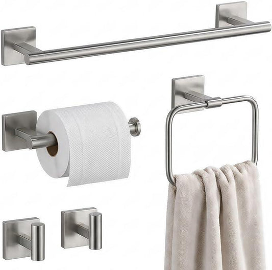 16" Brushed Nickel Bathroom Hardware Set 5-Piece, Fingerprint-Free SUS304 Stainless Steel Towel Bar for Small Bath & RV, Modern Square Bath Accessories Kit (Brushed Nickel) - ModernBath