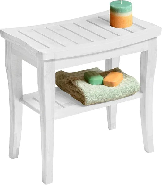 Bambüsi Bamboo Shower Bench Spa Stool - Wood 2-Tier Seat, Foot Rest Shaving Stool with Non-Slip Feet + Storage Shelf - Seat or Organizer for Bathroom, Living Room, Bedroom and Garden Décor (White) - ModernBath