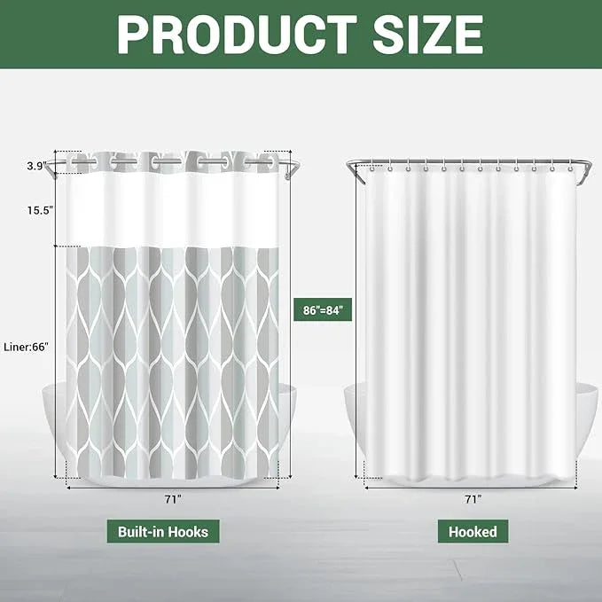 Yiatn No Hook Grey Extra Long Shower Curtain with Snap in Fabric Liner Set - Hotel Style with See Through Mesh Top Window, Modern Geometric Waterdrop Design,Waterproof and Washable, 71x86 INCH - ModernBath