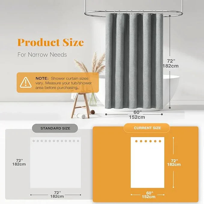 BTTN 60 Inch Fabric Shower Curtain, Stall Linen Textured Waterproof Heavy Duty Cloth Shower Curtain Set with 10 Plastic Hooks, Narrow Hotel Luxury Washable Bath Curtains for Bathroom, 60x72, Gray/Grey - ModernBath