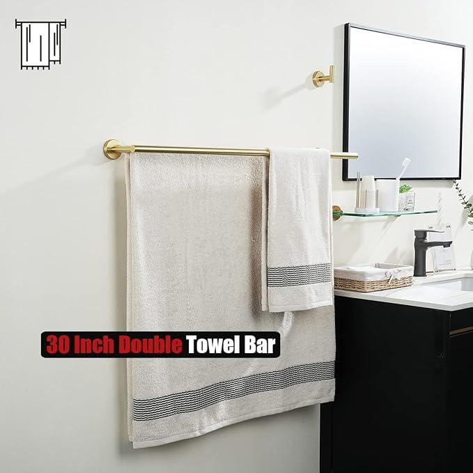 JQK Double Bath Towel Bar, Brushed Gold 33 Inch 304 Stainless Steel Thicken 0.8mm Towel Rack for Bathroom, Towel Holder Wall Mount, Useable Length 30 Inch 2 Pack, TB100L30-BG-P2 - ModernBath