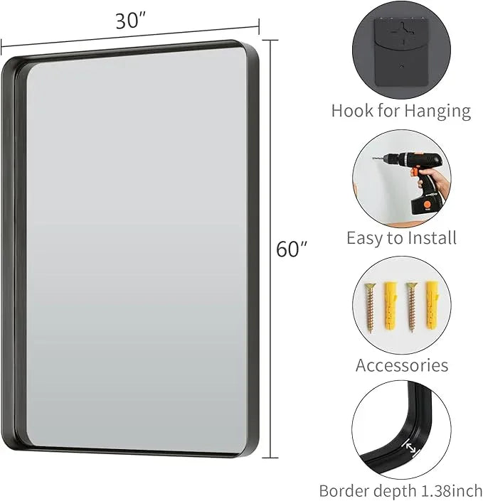 Koonmi Black Bathroom Mirror for Wall, 30x60 Inch Matte Metal Deep Framed Rounded Corner Wall Mirror, Shatterproof Tempered Glass for Farmhouse Bedroom Entryway, Vertically or Horizontally - ModernBath