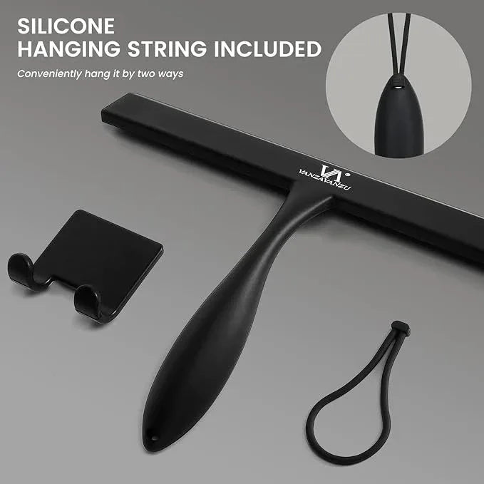 Shower Squeegee for Glass Doors, 11-Inch Silicone Squeegee with Non-Slip Handle and Adhesive Hook for Bathroom, Mirror, Tile, Car Window (Black) - ModernBath
