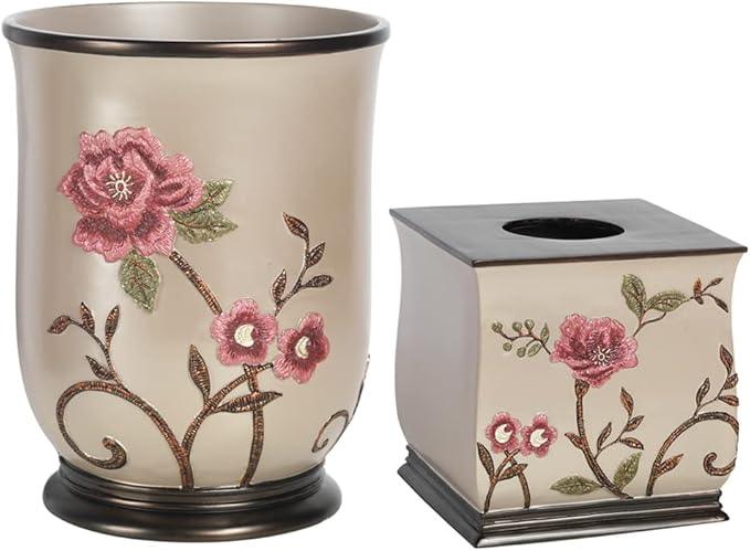 Zahari Home 2pc Larrisa Floral Bathroom Decor Set Waste Basket for Bathroom & Tissue Cover Modern Classic Contemporary Decor Stylish Unique Design Beautiful Bathroom Accessories Set - ModernBath