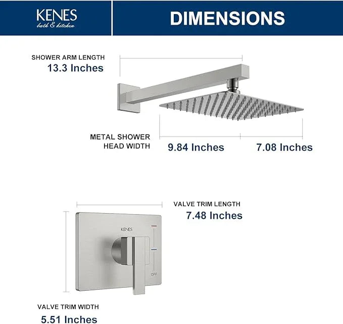 KENES Brushed Nickel 10-Inch Shower Head and Handle Set, Square Shower Faucet Set Bathroom Rainfall Shower System Wall Mount, KE-6024B (Shower Valve Included) - ModernBath