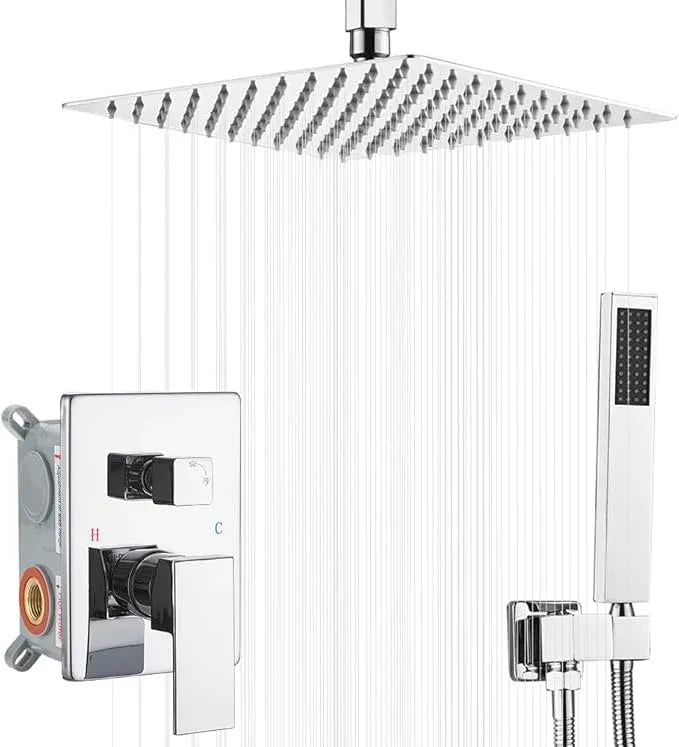 JingGang 10 Inch Ceiling Mounted Shower System Rain Mixer Shower Combo Set Rainfall Shower Head System ‎Polished Chrome Shower Faucet Rough-in Valve Body and Trim Kit Included - ModernBath