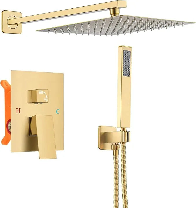 TENIGXT Bathroom Shower Faucet Set，12 Inch Rain Shower Head with Handheld Spray，Brass Shower Valve Trim Kit，Wall Mounted Square Rain Shower System (Brushed Gold) - ModernBath