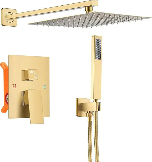 TENIGXT Bathroom Shower Faucet Set，12 Inch Rain Shower Head with Handheld Spray，Brass Shower Valve Trim Kit，Wall Mounted Square Rain Shower System (Brushed Gold) - ModernBath