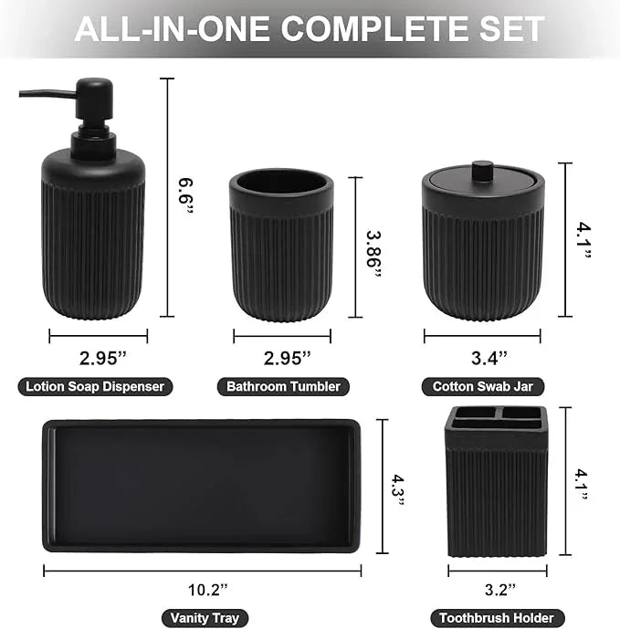XLHOMO Resin Matte Black Bathroom Accessories Set 5 Pcs, Lotion Soap Dispenser, Toothbrush Holder, Bathroom Tumbler, Qtip Holder and Vanity Tray, Bathroom Countertop Organizer Set for Home Apartment - ModernBath