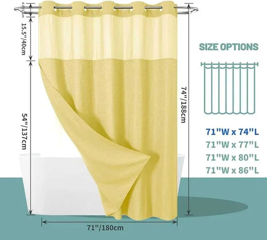 eachope Yellow No Hook Waffle Weave Shower Curtain with snap-in Liner Replacement, 230GSM Waterproof Fabric Hotel Shower Curtain Set for Bathroom, Through Mesh Top Window,71Wx74H - ModernBath