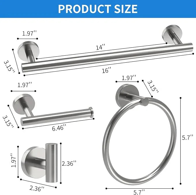 Brushed Nickel Bathroom Accessories, Bathroom Hardware Set, SUS304 Stainless Steel Bathroom Towel Holder Set, 16 Inch Towel Bar Set 5 Pcs, 2 Towel Hooks, Toilet Paper Holder, Towel Ring - ModernBath